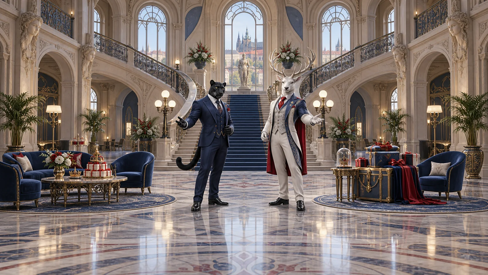 Postavy Bizzo Casino u schodiště s dárky a VIP odměnami.