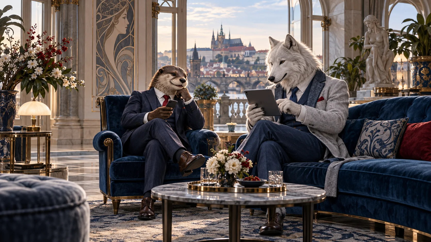 Postavy Bizzo Casino používající mobilní web na telefonu a tabletu.